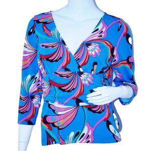 BCBG Max Azria BLUE PINK Floral Criss Cross EMPIRE WAIST Top ( L )